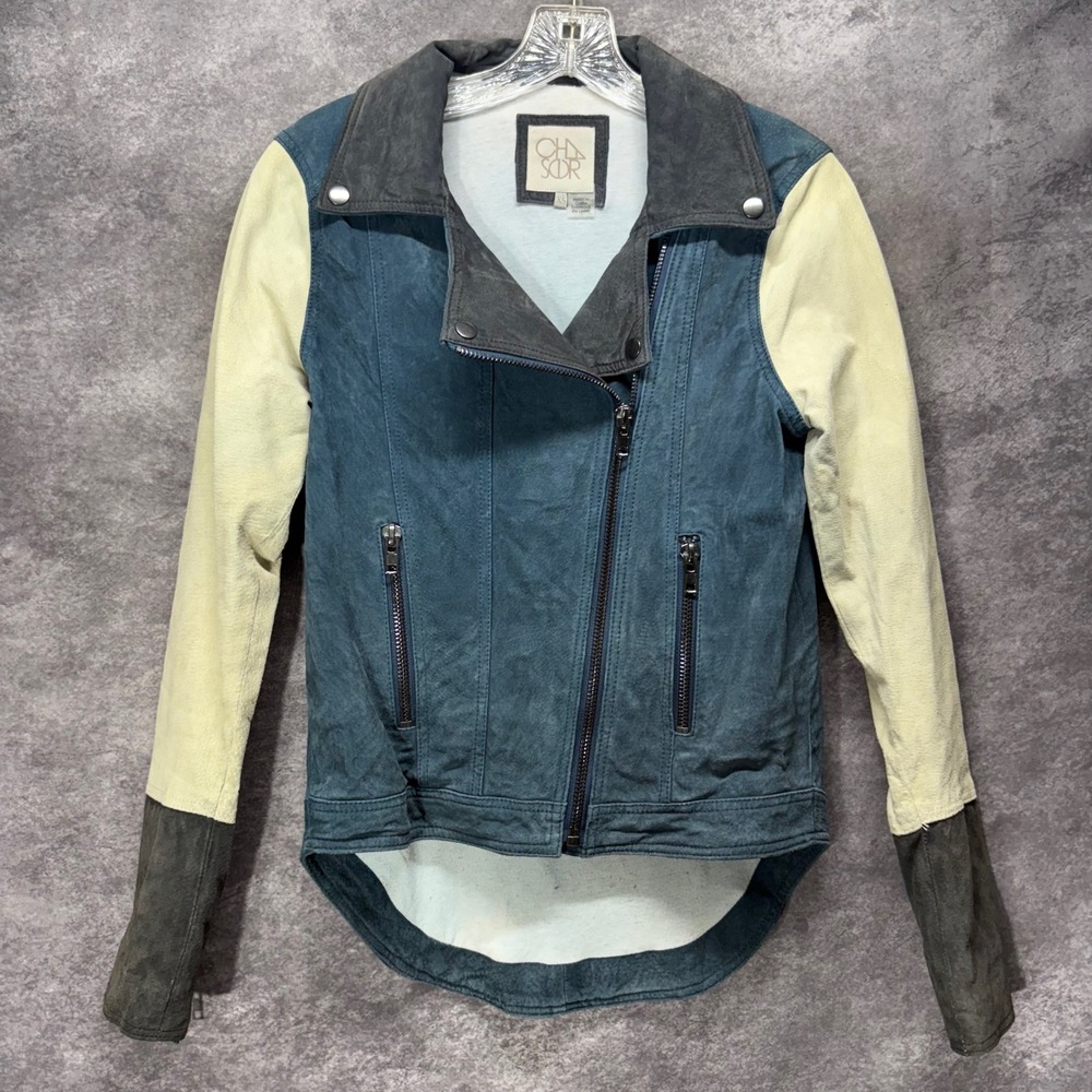 Chaser Blue Suede Leather Colorblock Moto Biker Jacket Size XS Asymmetric Zip